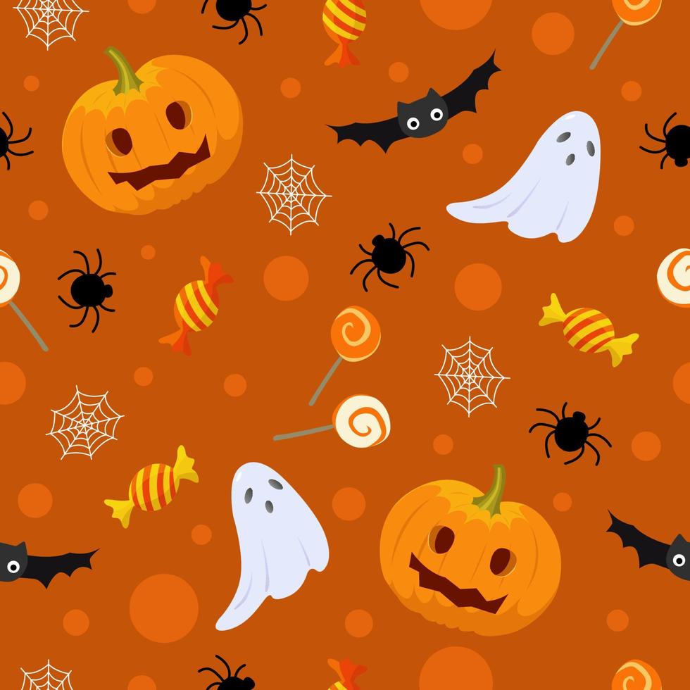 Halloween seamless pattern in flat cartoon style. Pumpkins, bats and gousts. Vector illustration