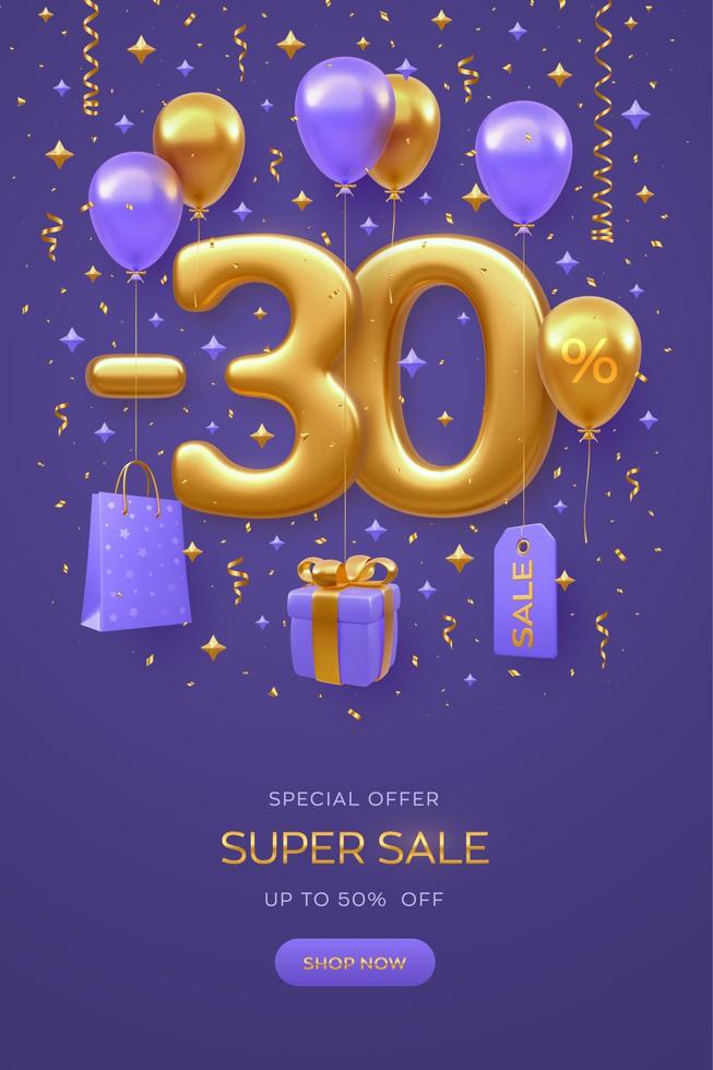 30 por ciento de descuento en el diseño de banner de venta de promoción sobre fondo morado. número 30 de oro realista con bolsa de compras, etiqueta de precio, caja de regalo con lazo dorado, globos de helio voladores. ilustración vectorial vector