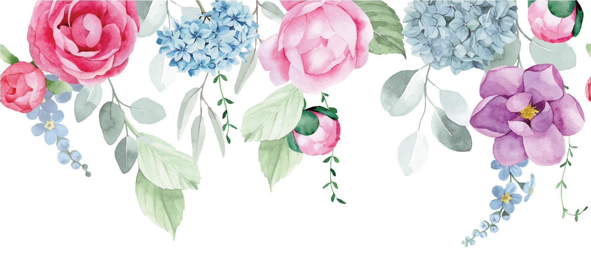 borde transparente acuarela, marco con flores y hojas de eucalipto. flores de peonía rosa, rosas y flores de hortensia azul. impresión delicada, banner horizontal vector