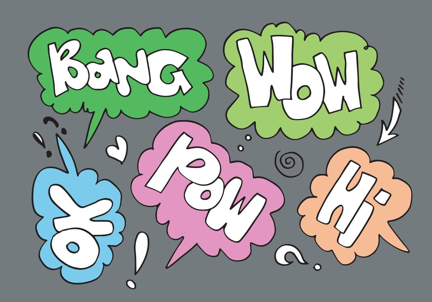 Hand drawn set of speech bubbles with handwritten short phrases  wow,bang,pow,hi,ok on gray background. vector