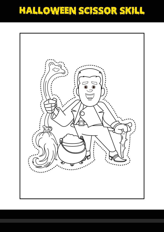Halloween scissor skill for kids. Halloween scissor skill coloring page for kids. vector