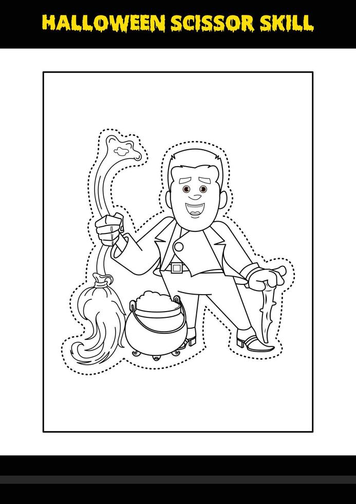 Halloween scissor skill for kids. Halloween scissor skill coloring page for kids. vector