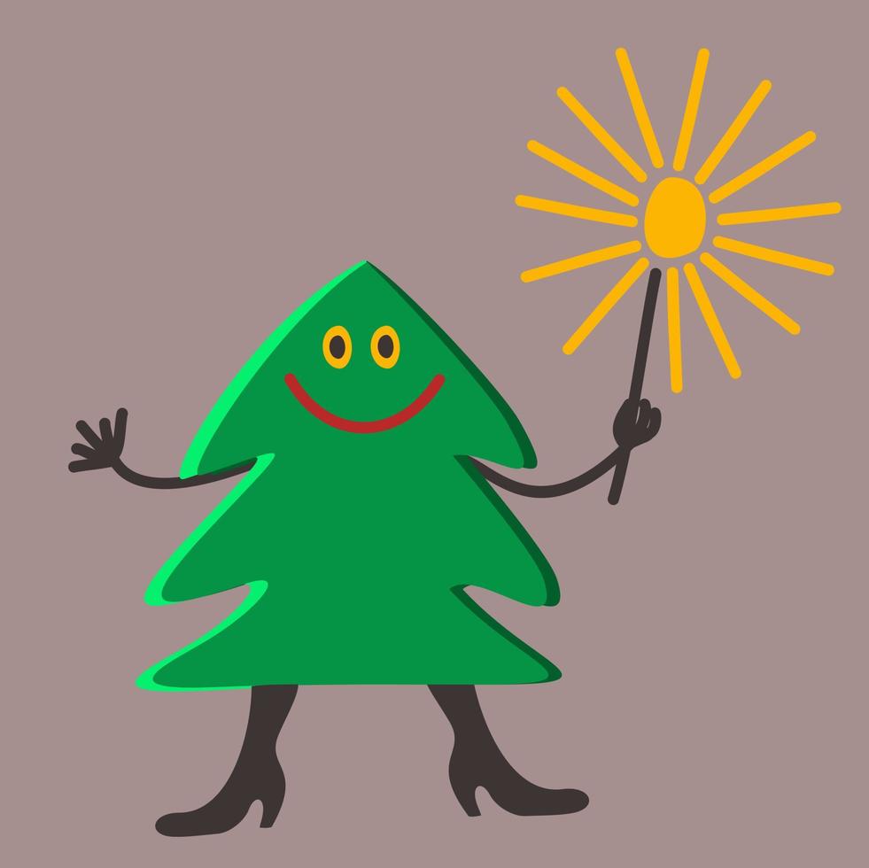 feliz árbol de navidad sonriente con bengala en la mano. vector