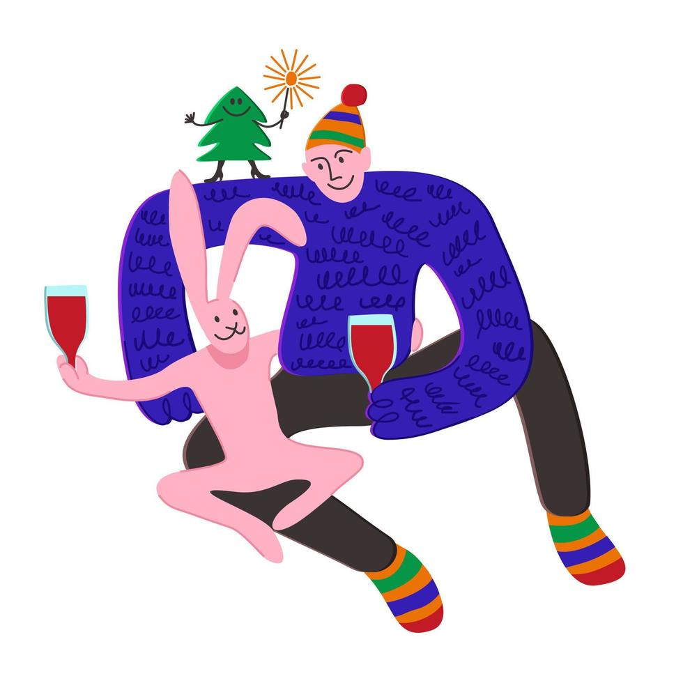 Man and rabbit hugging and drinking wine. Fir tree dancing on man's shoulder. vector