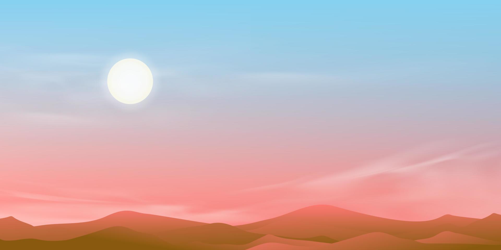 Sunrise Morning with Pink, Blue Sky,Rural landscape with Sunset sky in evening,Vector horizon beautiful nature banner of moutains view with Romatic twilight,Sunlight for four seasons background vector