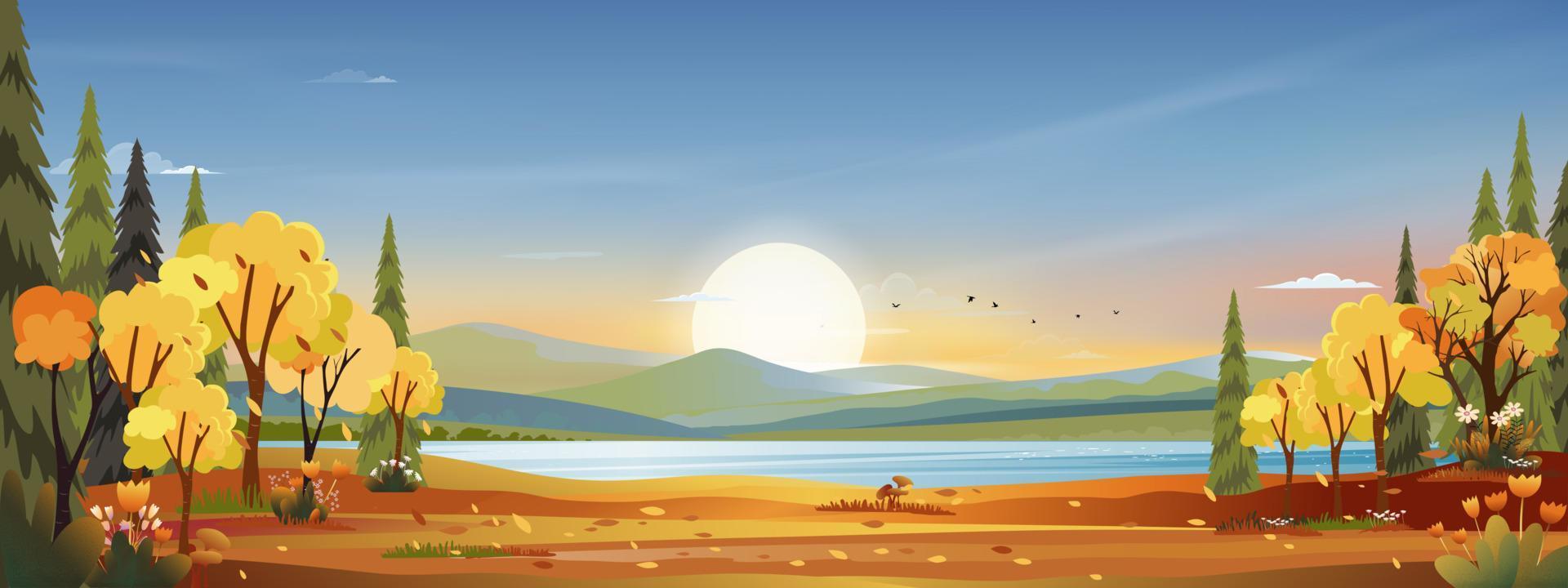 paisajes otoñales con puesta de sol junto al río en el campo, panorámica vectorial del bosque otoñal con campo agrícola, montañas con hojas que caen del árbol en follaje amarillo y naranja. concepto de país de las maravillas otoñales vector