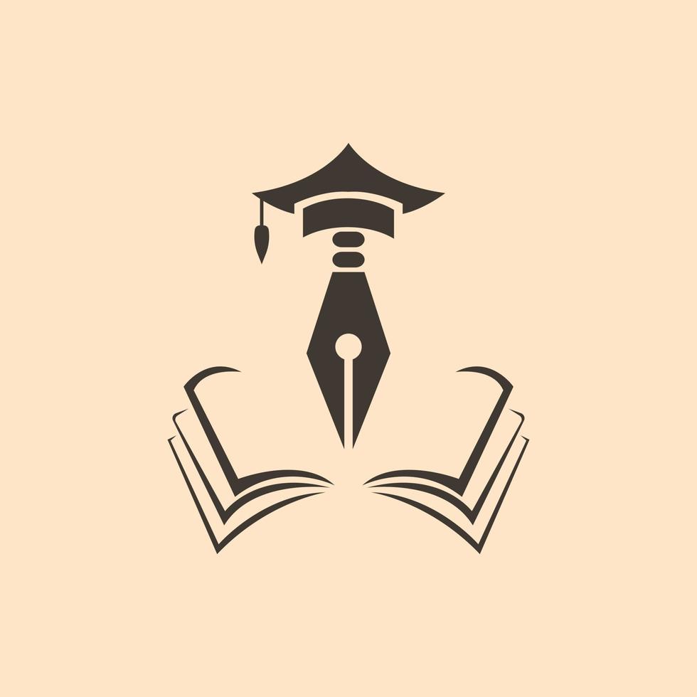 gran gorra de graduación de pluma y libro para el logotipo del icono de educación. vector