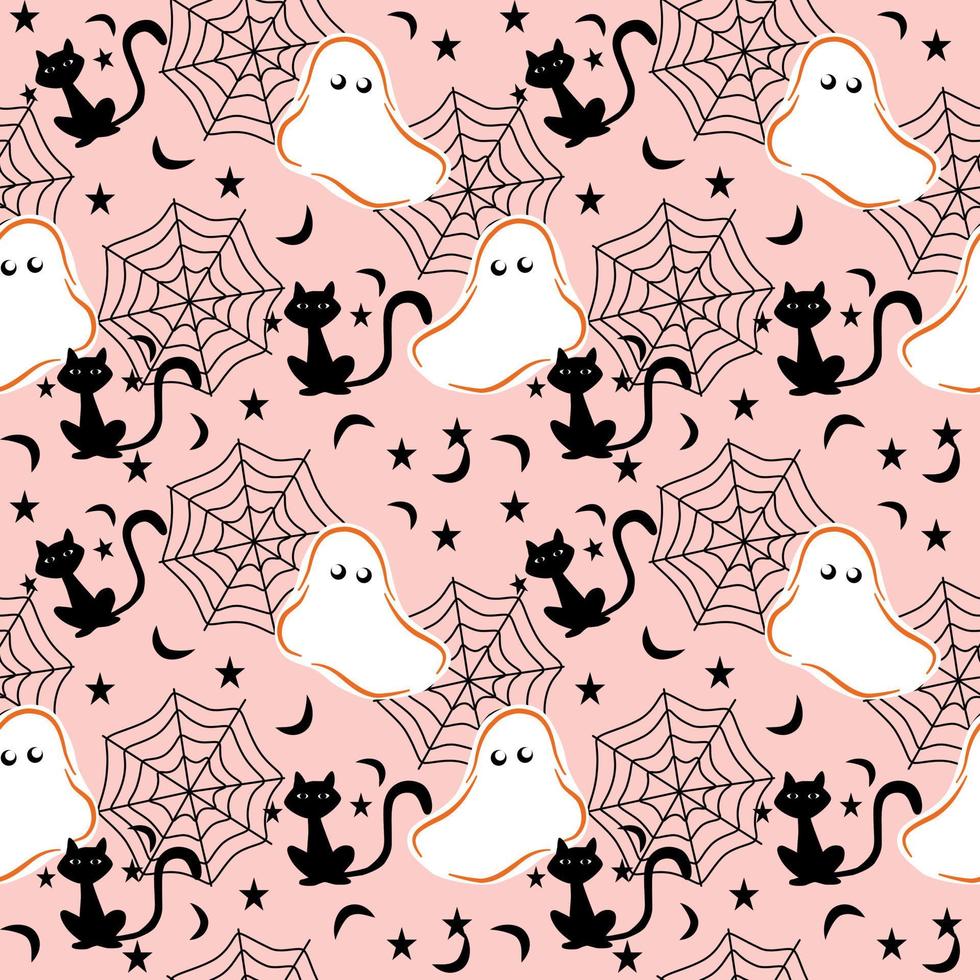 Halloween flat seamless pattern, pink color background, white ghost sheet, black cat, spider web, star and haft moon. vector