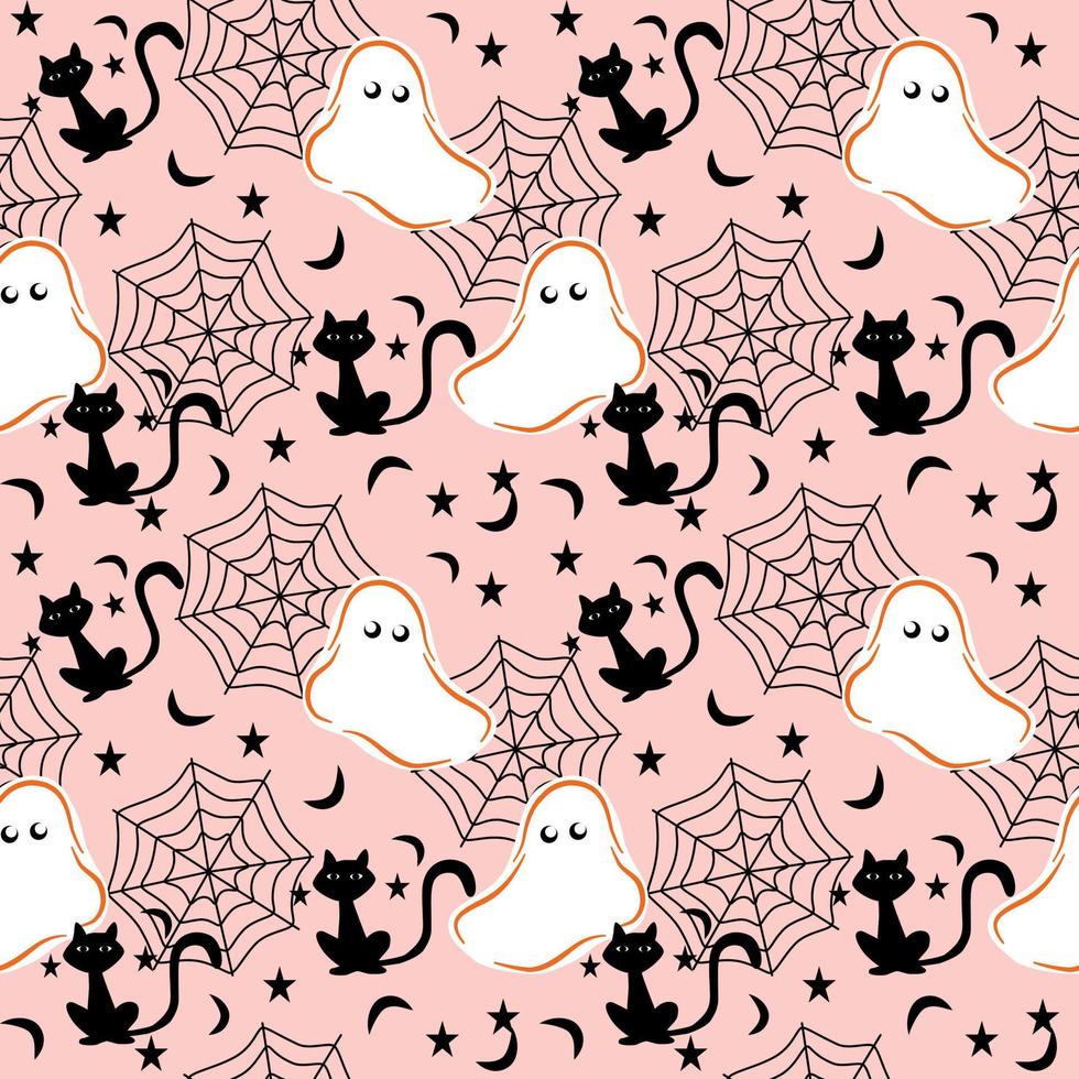 patrón plano sin costuras de halloween, fondo de color rosa, hoja fantasma blanca, gato negro, telaraña, estrella y luna de haft. vector