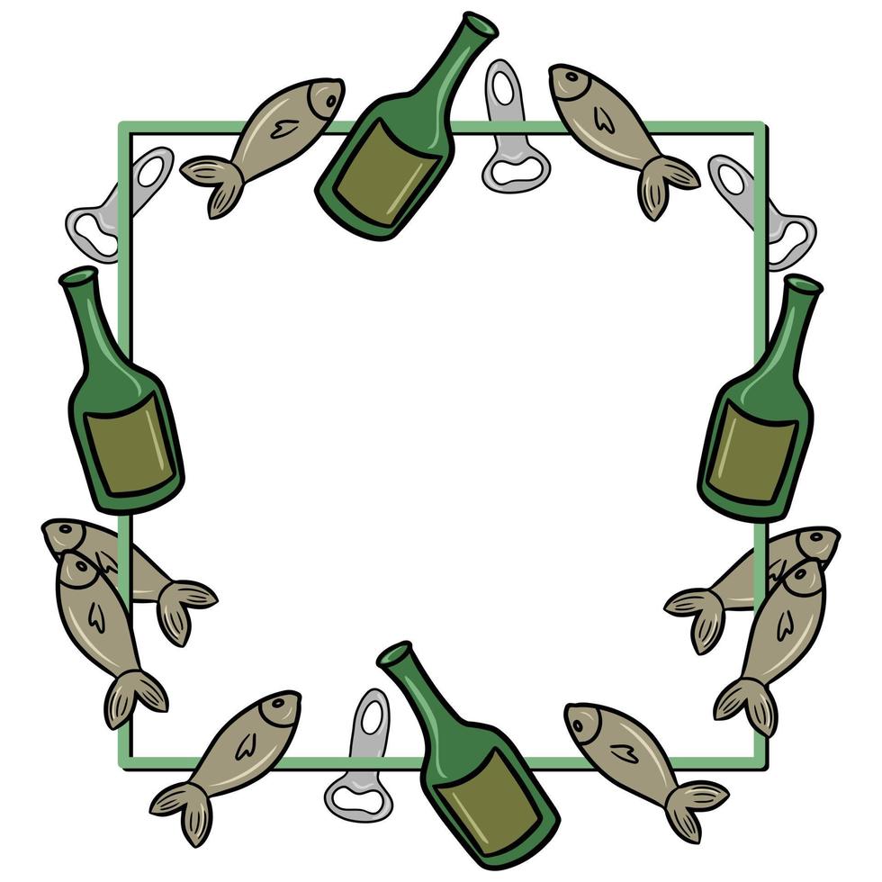 Square green decorative frame, copy space, green glass bottle with a drink, beer and salted fish, vector illustration in cartoon style on a white background