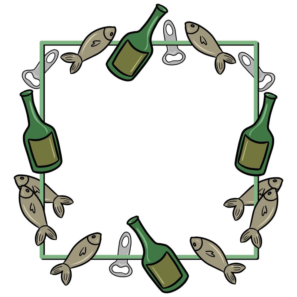 marco decorativo verde cuadrado, espacio de copia, botella de vidrio verde con una bebida, cerveza y pescado salado, ilustración vectorial en estilo de dibujos animados sobre un fondo blanco vector