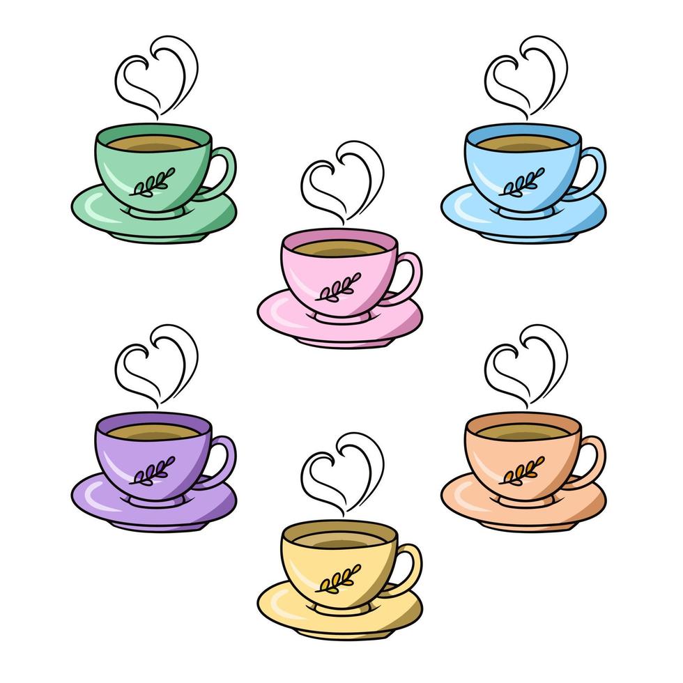 A set of colored icons, a beautiful cup with an autumn pattern, a hot drink, a vector illustration in cartoon style on a white background