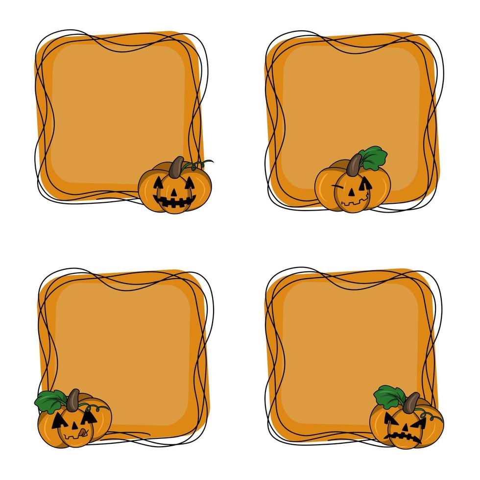 Set of bright orange square Halloween frame, pumpkin character, copy space, cartoon style vector illustration