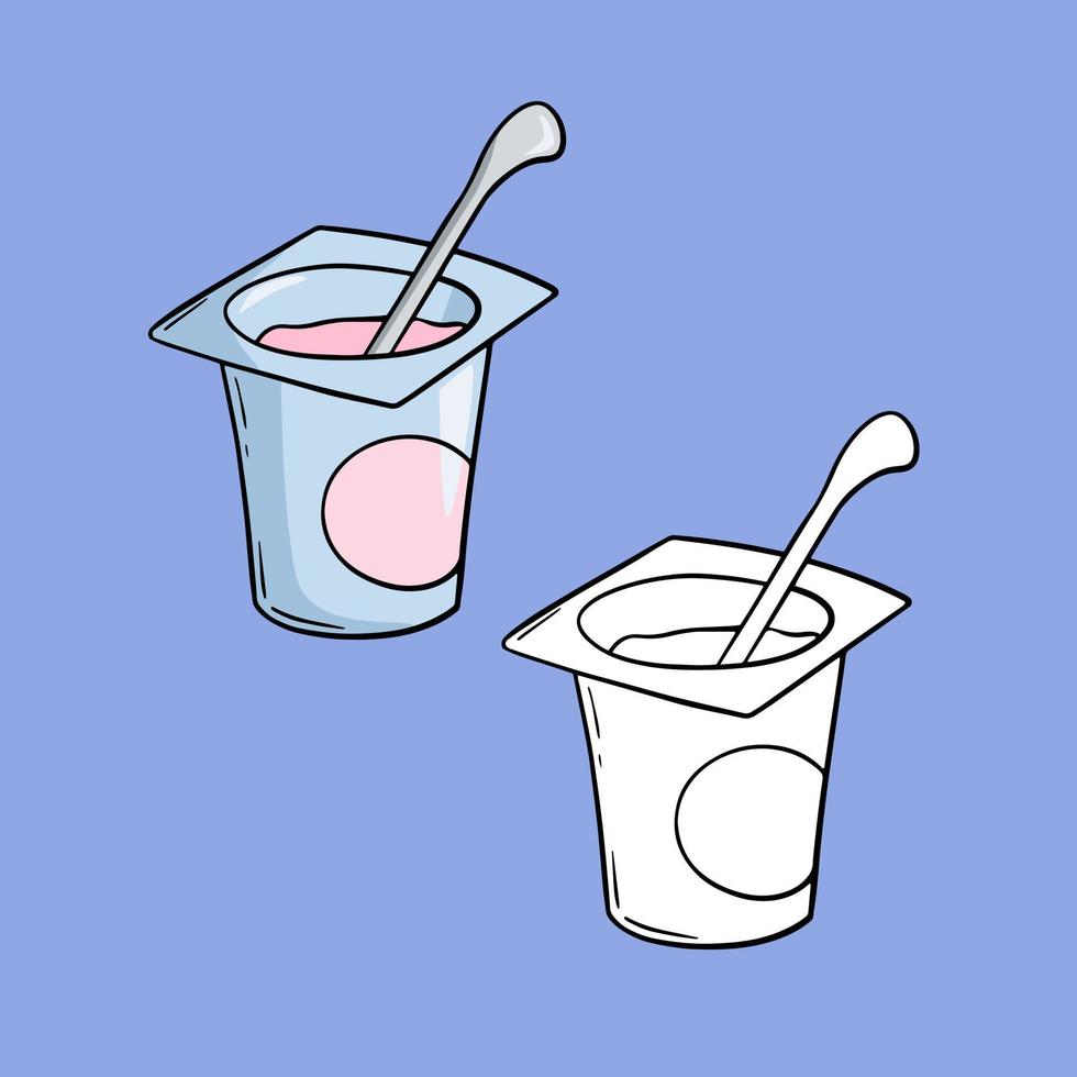 un conjunto de imágenes, un pequeño frasco de plástico azul abierto con yogur de frutas y una cuchara, un espacio de copia, un vector en estilo de dibujos animados sobre un fondo de color