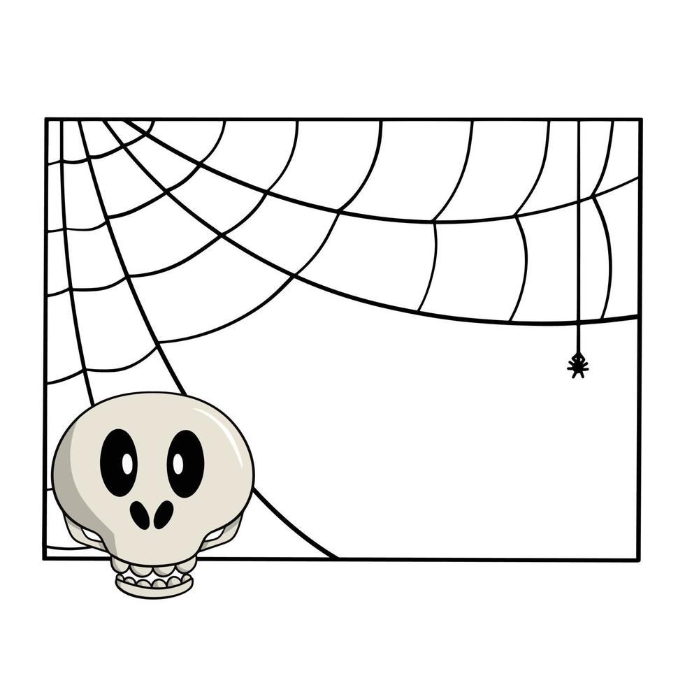 Square decorative frame with cobwebs, skull smiles, front view, copy space, vector illustration in cartoon style