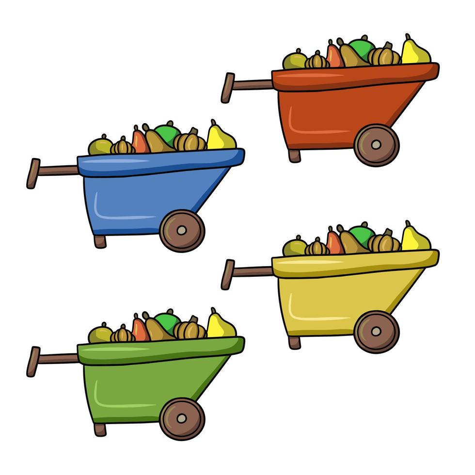 A set of colored icons, a cart with various vegetables and fruits, harvesting, vector illustration in cartoon style on a white background
