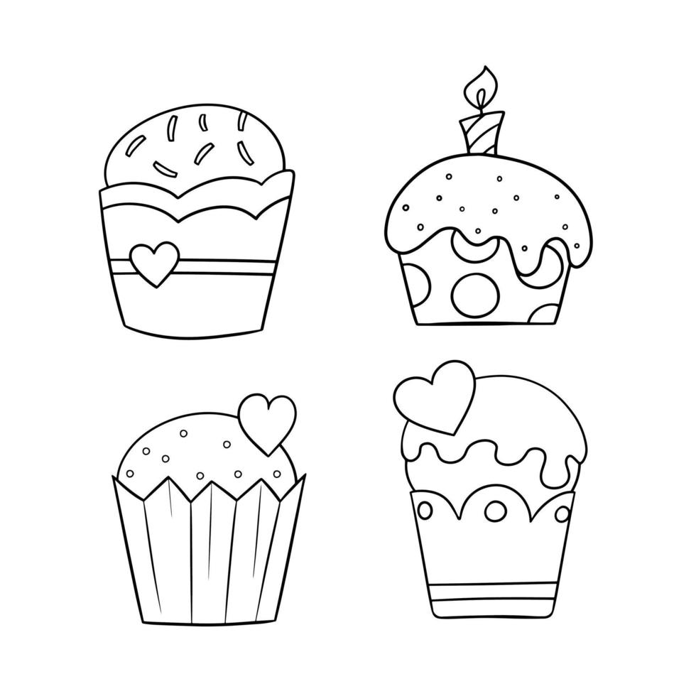Monochrome set of icons, delicious cupcakes with delicate cream with a heart and a candle, vector illustration in cartoon style on a white background