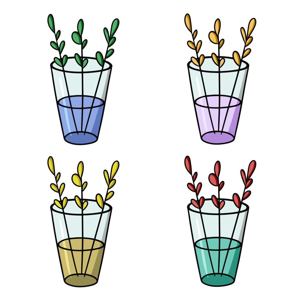 un conjunto de íconos de colores, ramitas simples con hojas en un jarrón de vidrio alto, ilustración vectorial en estilo de dibujos animados sobre un fondo blanco vector