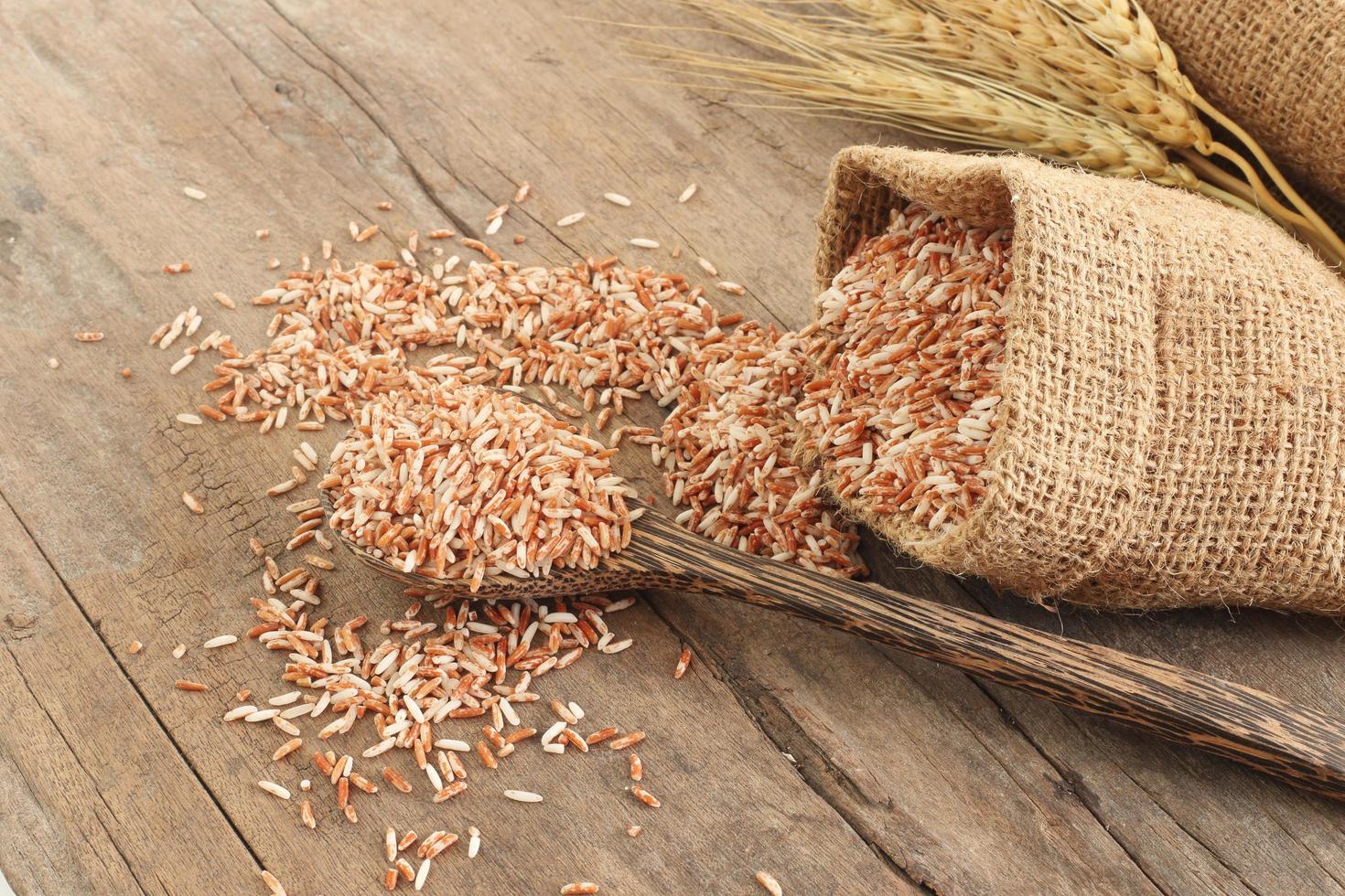 comida saludable: cuchara de cierre de grano de arroz integral orgánico rojo y saco marrón sobre una mesa de madera con oreja de arroz foto