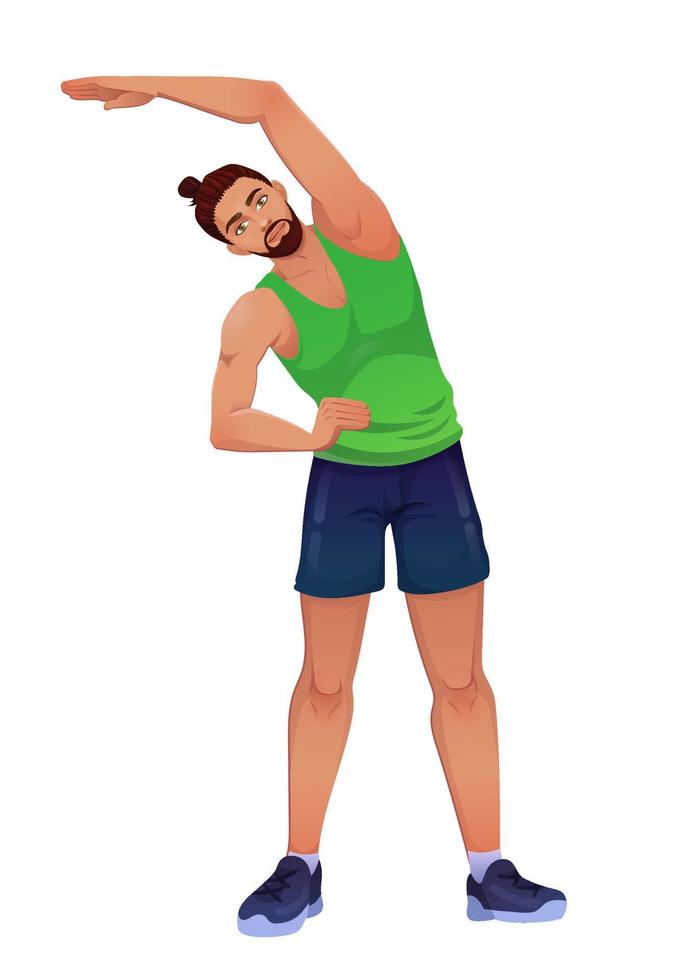 Sporty guy is doing exercise. Muscular fitness man is stretching. Colorful illustration in cartoon style. Vector art isolated on white background.