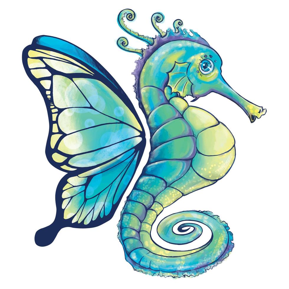 Sea horse with butterfly wings. Fantasy creature. Digital art isolated on white background. vector