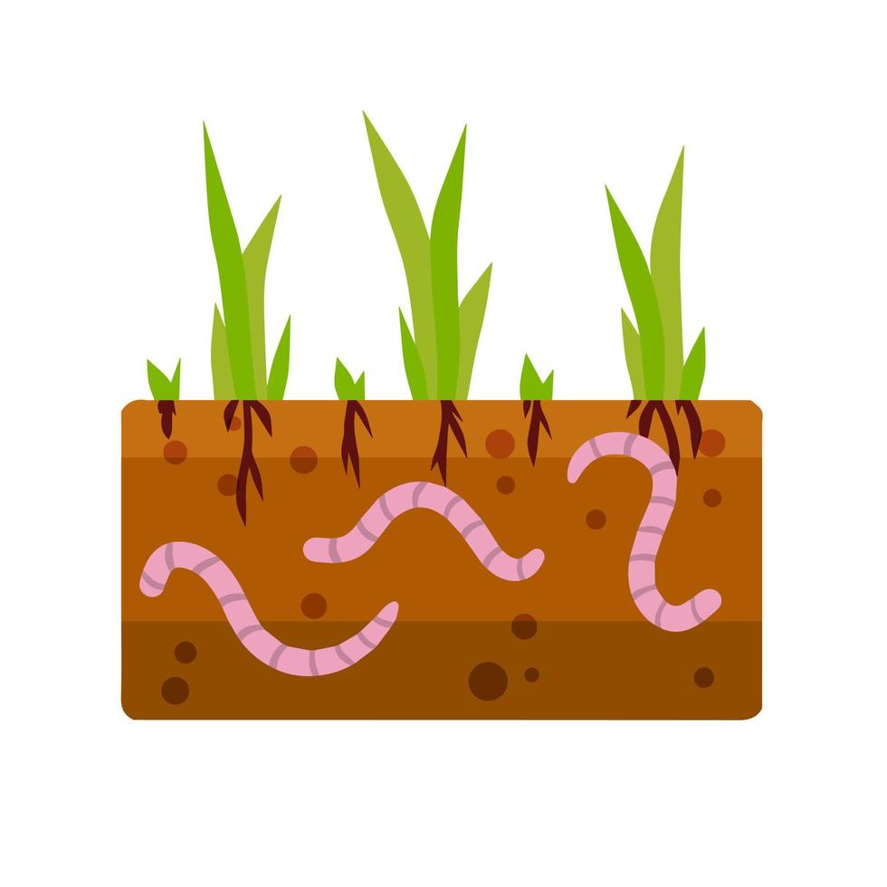 Worms under the ground. Insects in soil. Brown earth with small pink animals. Fishing bait. Green grass. Biosphere and nature. Flat cartoon illustration vector