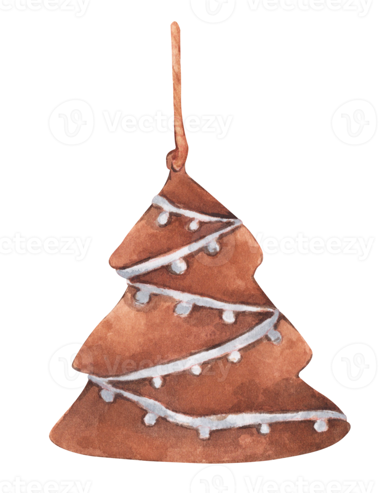 Christmas gingerbread cookie hanging on string. Watercolor Christmas card for invitations, greetings, holidays and decor. png