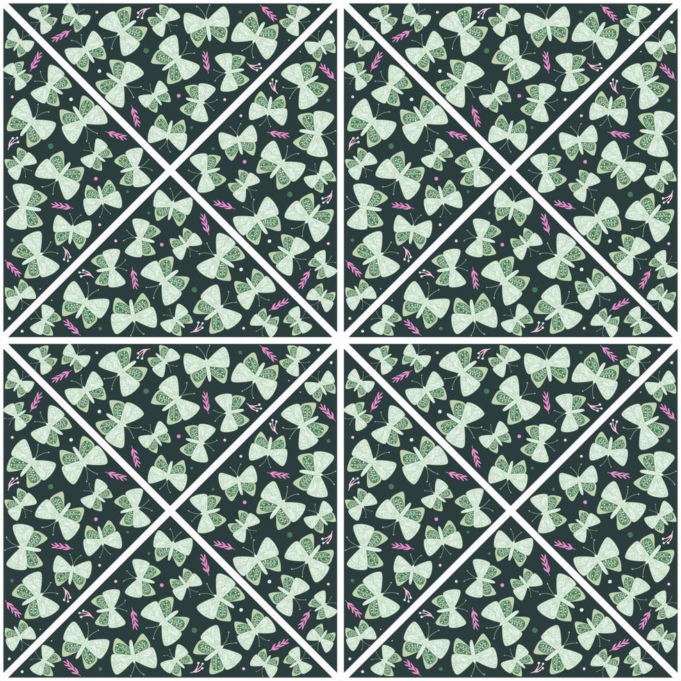 Butterflies and flowers mosaic seamless pattern. Butterfly tile. Flying insect endless wallpaper. Animal folklore motif. vector