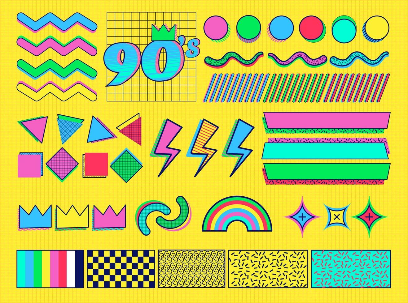 90s 80s memphis elementos de diseño retro coloridos nostálgicos vector