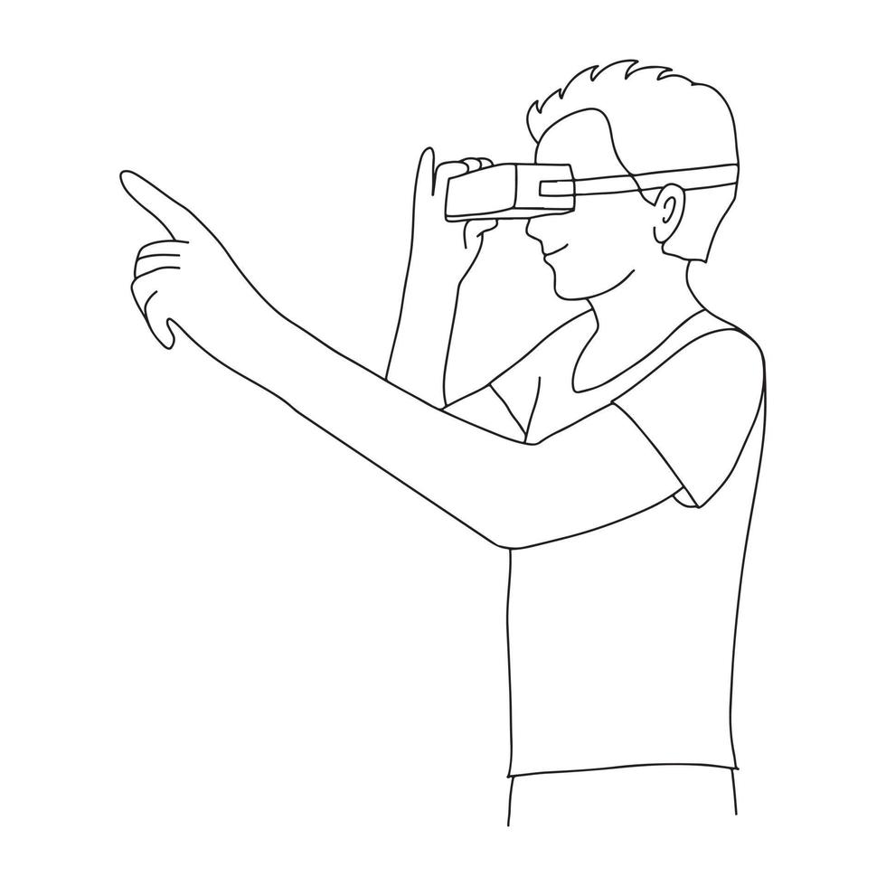 Vector illustration, man holding virtaul reality glasses. VR technology black and white drawing of male character in digital augmented reality. Metaverse minimalist simple concept