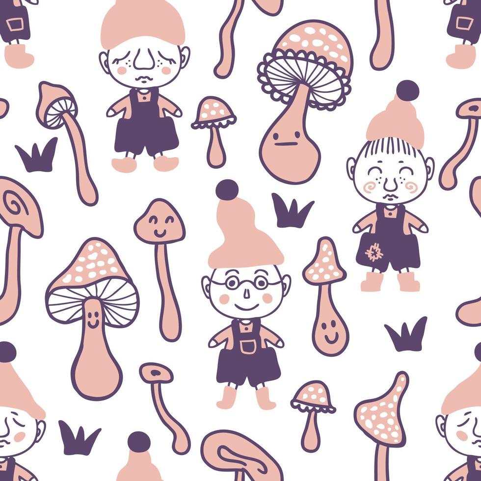 Doodle seamless pattern with gnomes and fungus. vector