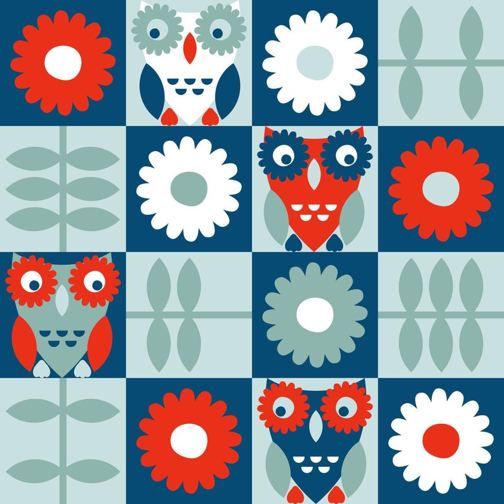 Geometric seamless pattern with owls and flowers in retro swiss style. vector