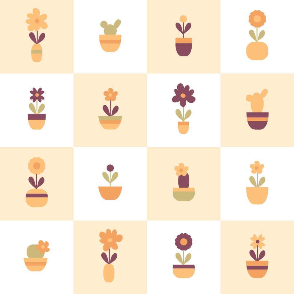 Seamless pattern with simple flowers in pots on a checkered background. vector