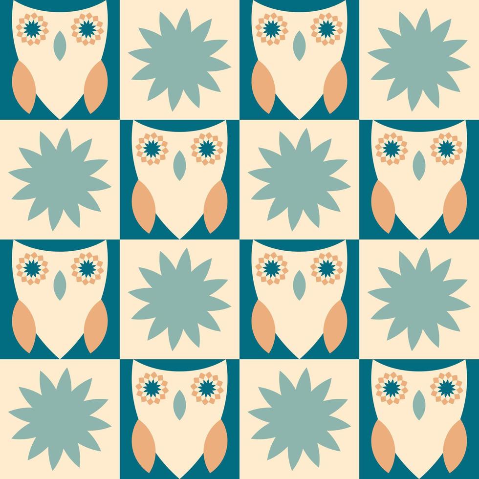Seamless pattern with owls in mid century modern style. vector