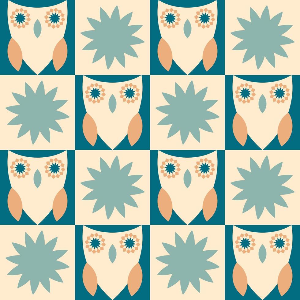 Seamless pattern with owls in mid century modern style. vector