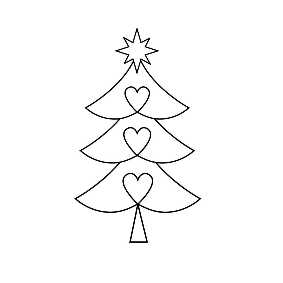 Linear Christmas tree decorated with hearts and a star vector