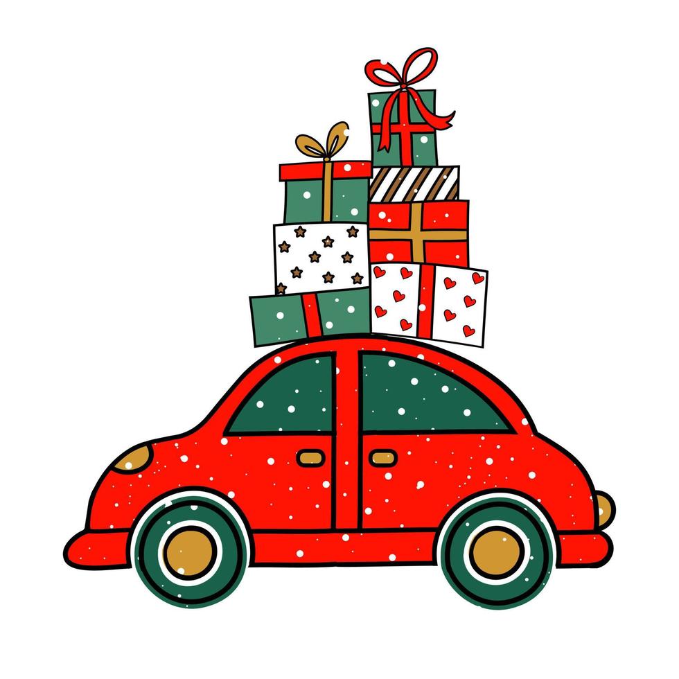 A red car loaded with New Years gifts. Christmas shopping. Childrens illustration. Holiday transport. vector
