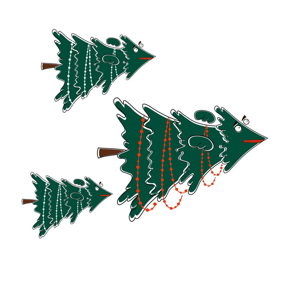 personaje de dibujos animados del árbol de navidad. tres elegantes árboles de navidad vuelan a las vacaciones vector