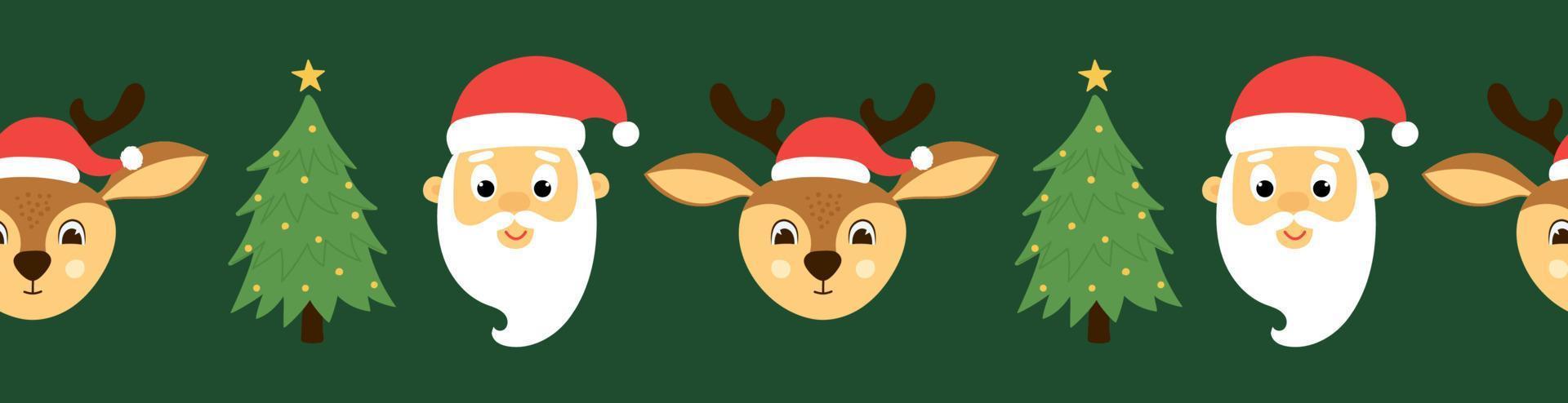 Seamless border of christmas tree, cute santa claus and deer head on green background. Template for Christmas design. vector