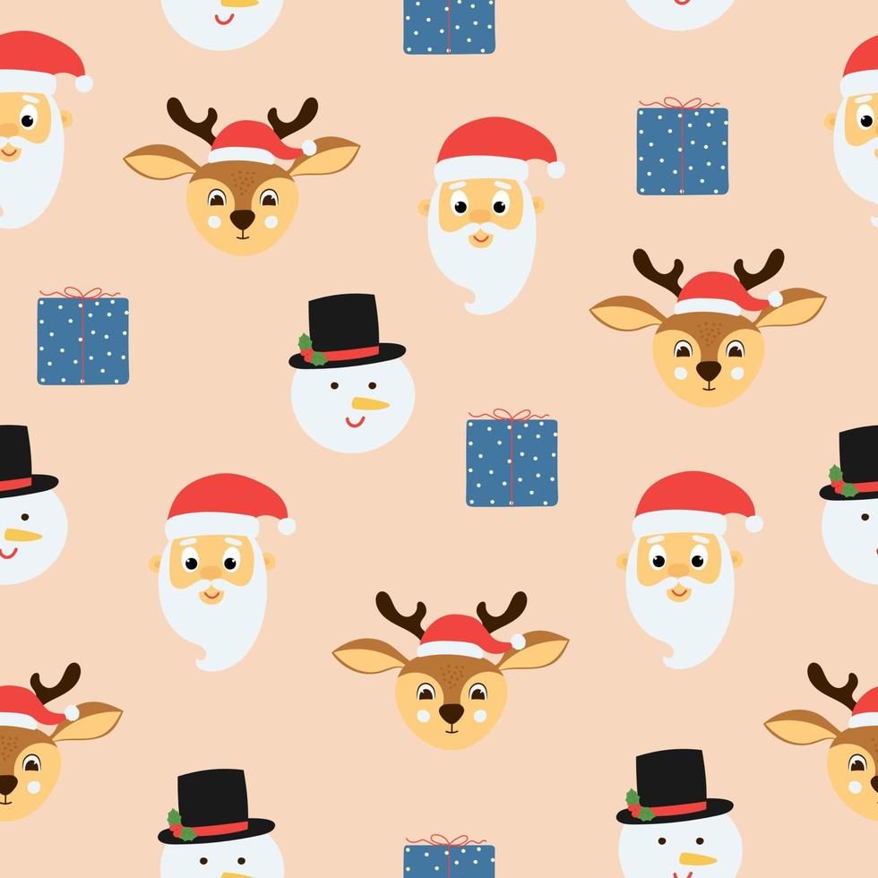 Seamless pattern of cute deer, snowman, santa claus and gift boxes on pink background. Background for Christmas design. vector