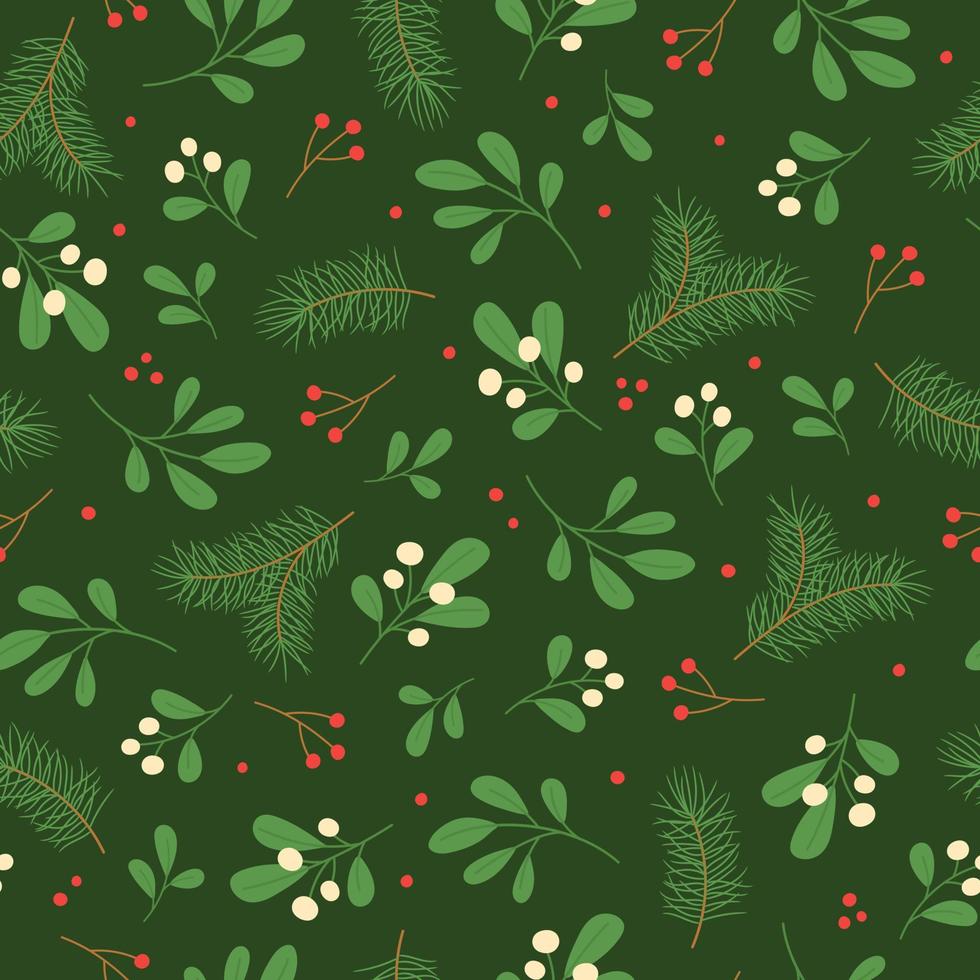 Seamless pattern with winter twigs on green background. Good for fabric, wallpaper, packaging, textile, web design. vector