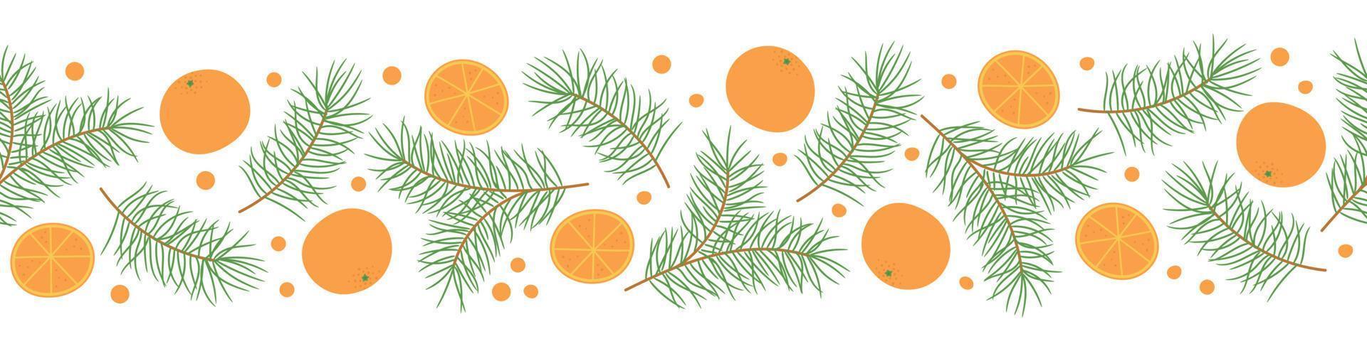 Seamless border with pine twigs and oranges. Template for Christmas winter design vector