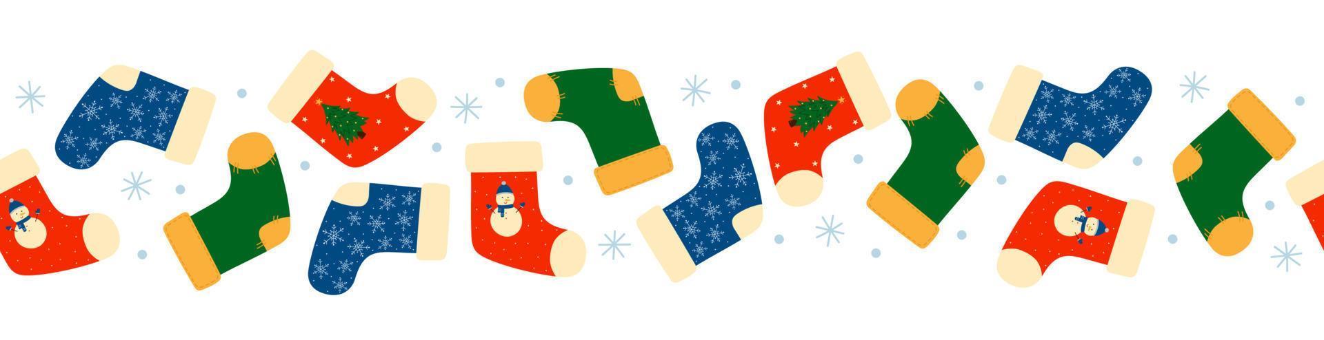 Seamless border of colorful Christmas socks on white background. Doodle style. vector