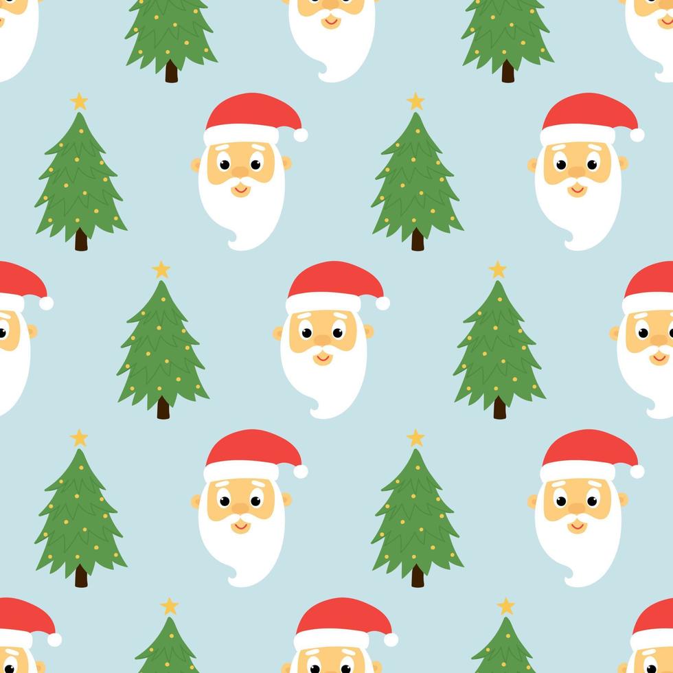 Seamless pattern of cute santa claus head and christmas tree on blue background. Background for Christmas design. vector