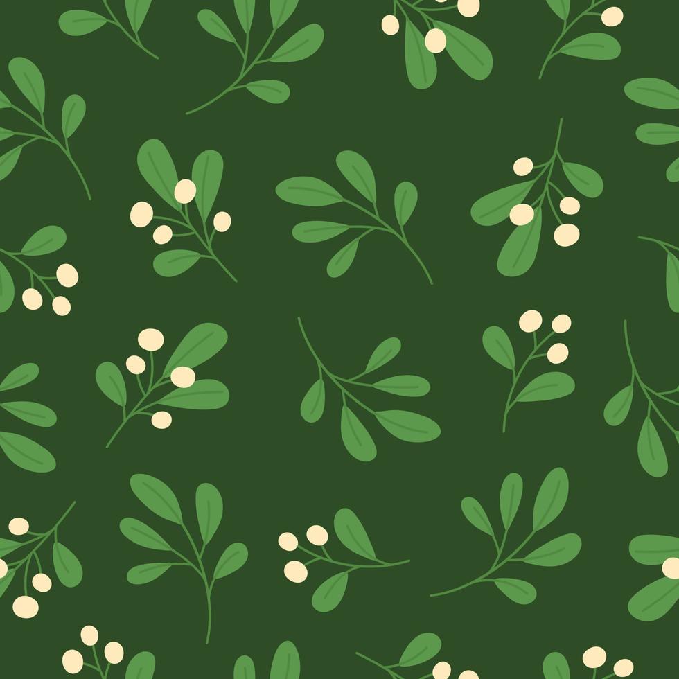 Seamless pattern with mistletoe branches on green background. Good for fabric, wallpaper, packaging, textile, web design. vector