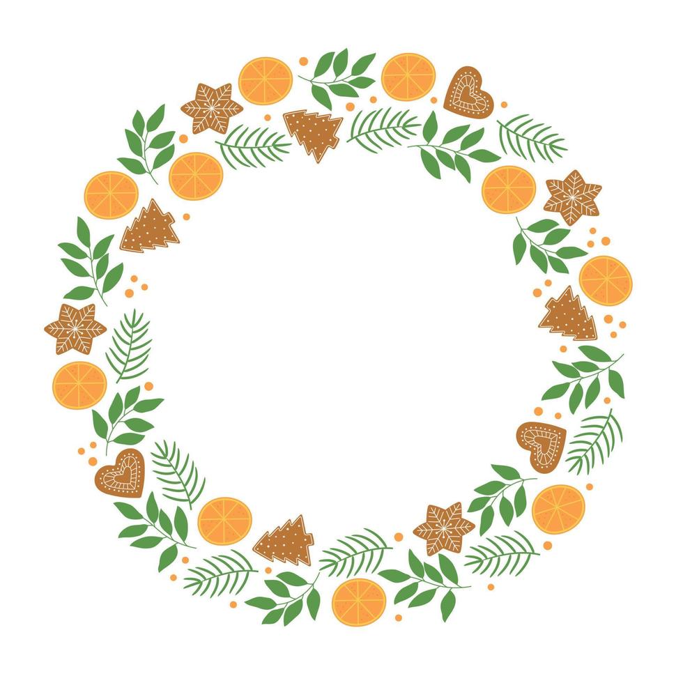 Wreath with winter twigs, orange slices and gingerbread cookies. Template for Christmas greeting card, invitation, poster, banner, print. vector