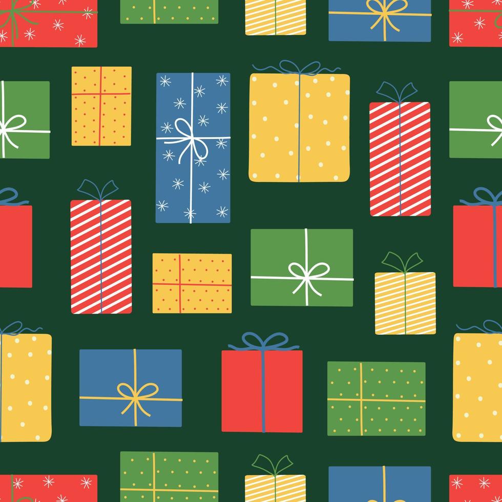 Christmas and New Year seamless pattern. Colorful gift boxes on green background. Doodle style. vector