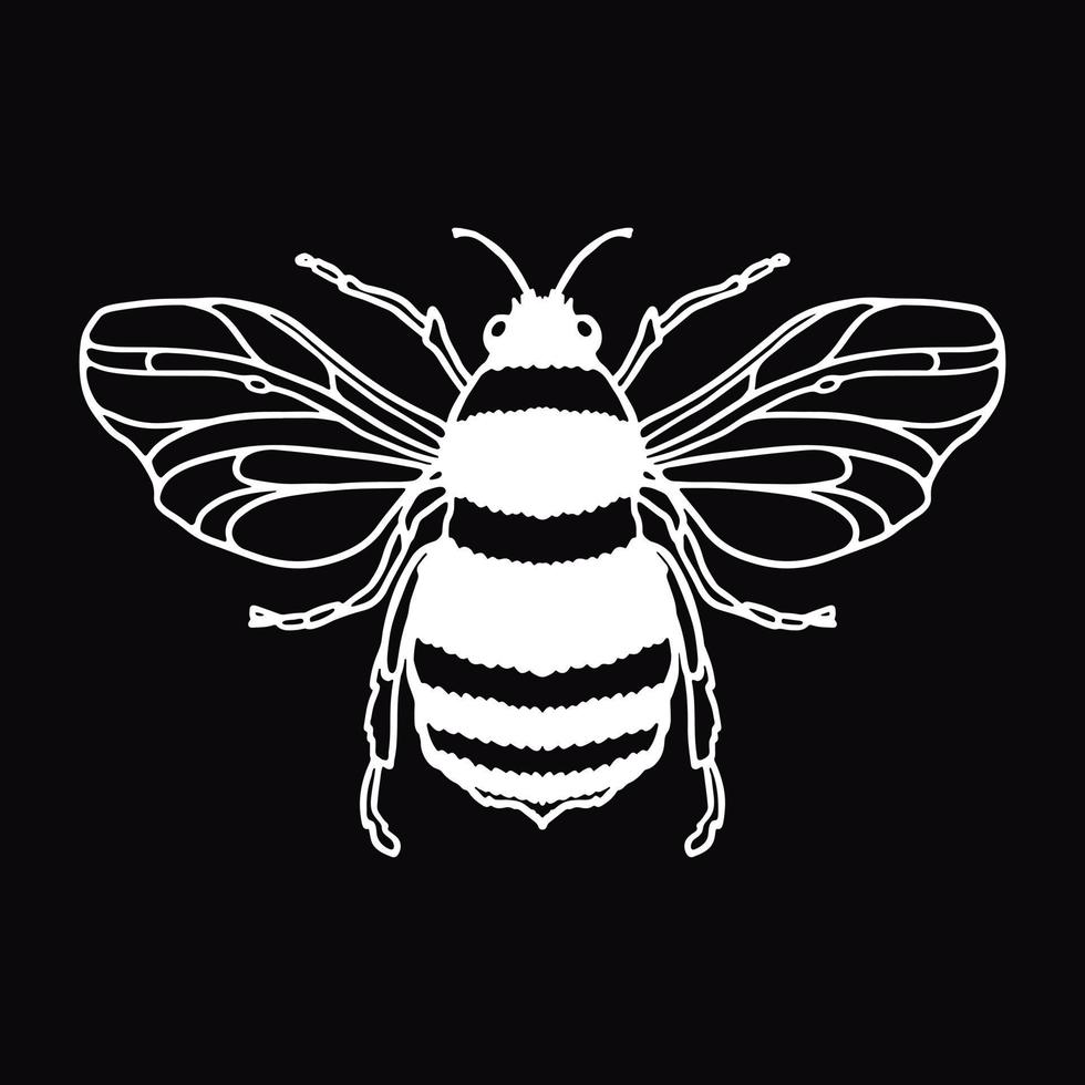 Honey Bee outline doodle isolated on black background. Design Mascot Vector Illustration. Concept logotype for packaging