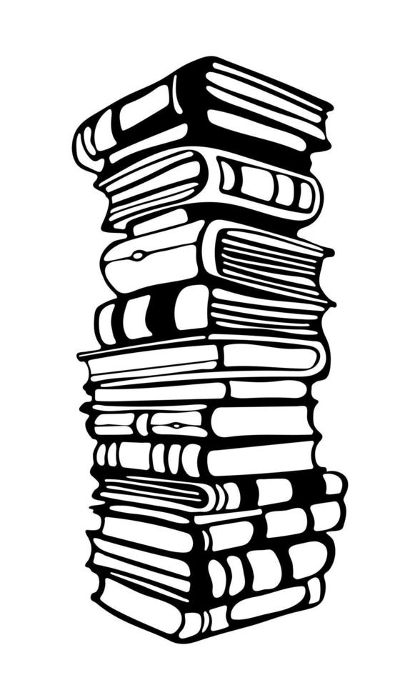 A large stack of various books. Hand-drawn educational. Stacks of books outline doodle vector illustration in engraving style. Back to school concept