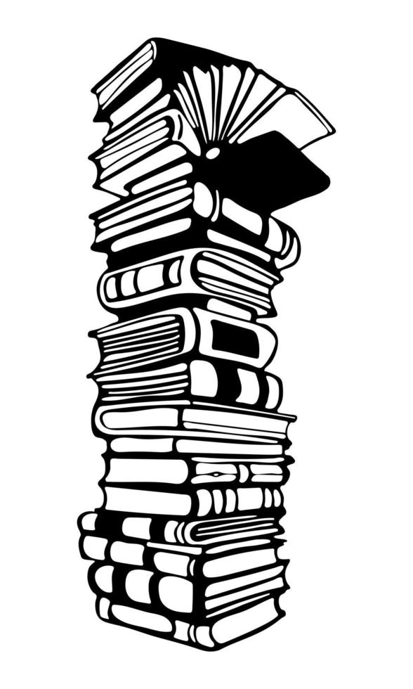 World Book Day. A large stack of various books. Pile of books. Hand-drawn educational. Stacks of books outline doodle vector illustration in engraving style. Back to school concept